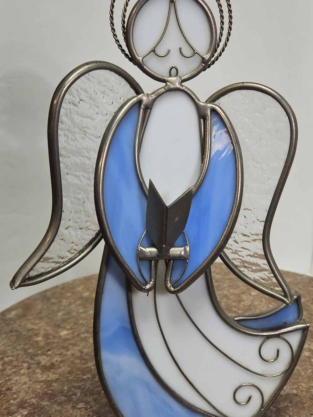Blue and White Stained Glass Angel Sculpture - Handcrafted Home Art